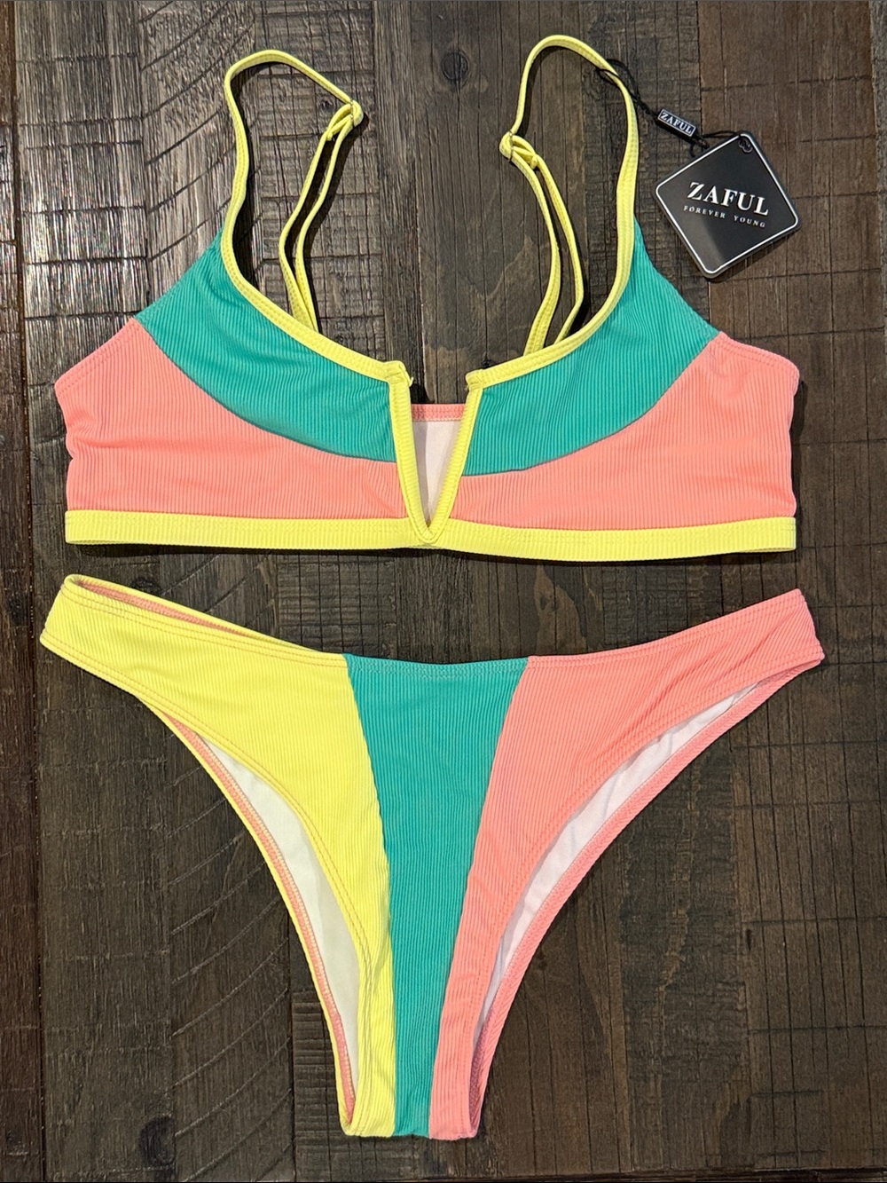 Zaful Forever Young Colorblock 2 Piece Bikini Swimsuit Ribbed Yellow Pink Green